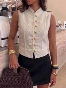 Serisse Women's Fashion Elegant Frog Button Vest Jacket,Chinese Style , Chinese Button,Elegant - Apricot - View 4