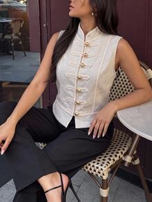Serisse Women's Fashion Elegant Frog Button Vest Jacket,Chinese Style , Chinese Button,Elegant - Apricot - View 3