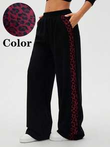 SHEIN LUNE Women's Autumn/Winter Leopard Print Patchwork Casual Straight Leg Pants - Multicolor - View 1