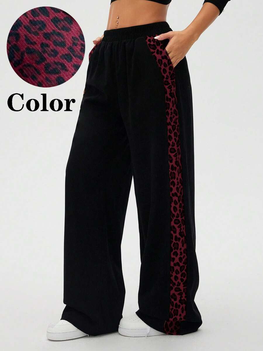 SHEIN LUNE Women's Autumn/Winter Leopard Print Patchwork Casual Straight Leg Pants - Multicolor - View 1