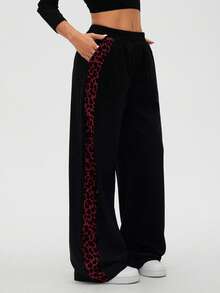 SHEIN LUNE Women's Autumn/Winter Leopard Print Patchwork Casual Straight Leg Pants - Multicolor - View 7