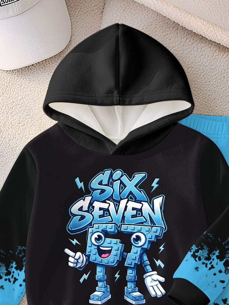 2pcs Young Boys Sweatshirt Set Streetwear Black Blue Number Print Long Sleeve Hooded Fleece Fall Winter Back To School School Y2K - Multicolor - View 3