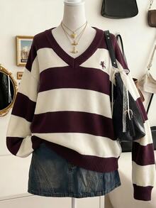 SHEIN Teen Girl Color Block Drop Shoulder Sweater - Rust Brown - View 1