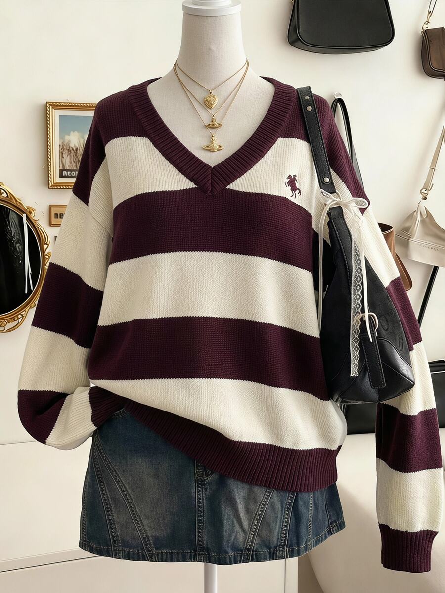 SHEIN Teen Girl Color Block Drop Shoulder Sweater - Rust Brown - View 1