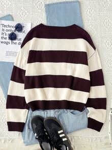 SHEIN Teen Girl Color Block Drop Shoulder Sweater - Rust Brown - View 2