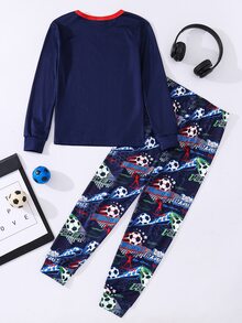 SHEIN 青少年男孩修身顯瘦兒童螢光足球圖案圓領長袖褲子休閒舒適居家睡衣緊身套裝2件組 - 彩色 - 查看 2