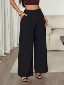 SHEIN PETITE 女款純色極簡優雅休閒基礎長褲 教師節辦公穿搭 黑色 秋季 - 黑色 - 查看 5