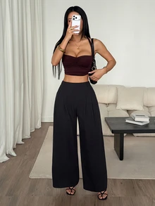 SHEIN PETITE 女款純色極簡優雅休閒基礎長褲 教師節辦公穿搭 黑色 秋季 - 黑色 - 查看 6
