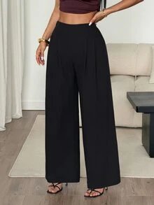 SHEIN PETITE 女款純色極簡優雅休閒基礎長褲 教師節辦公穿搭 黑色 秋季 - 黑色 - 查看 3