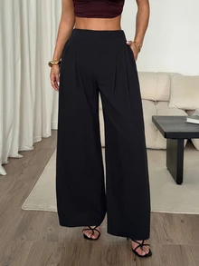 SHEIN PETITE 女款純色極簡優雅休閒基礎長褲 教師節辦公穿搭 黑色 秋季 - 黑色 - 查看 7