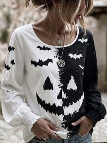Selamara Women's Colorblock Patchwork Halloween Bat Print Top - Multicolor - View 1
