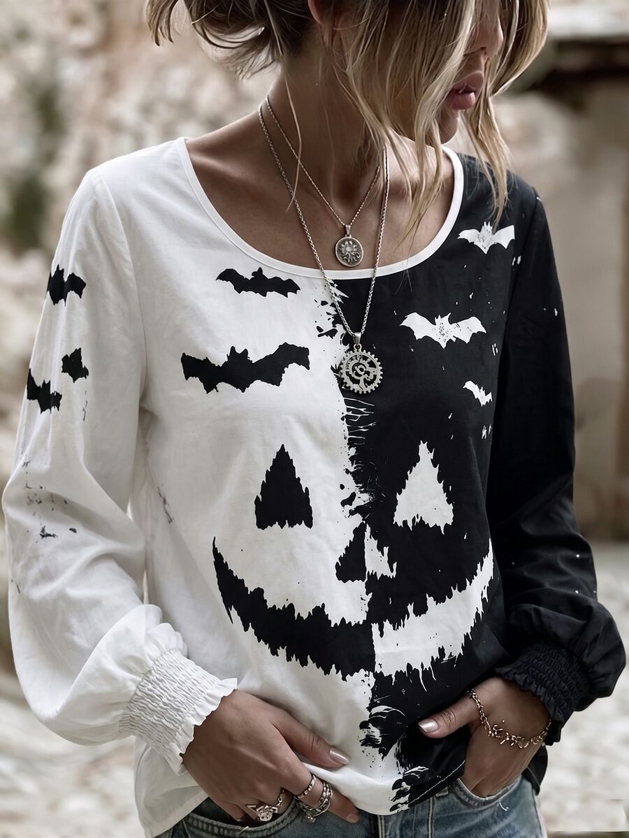 Selamara Women's Colorblock Patchwork Halloween Bat Print Top - Multicolor - View 1