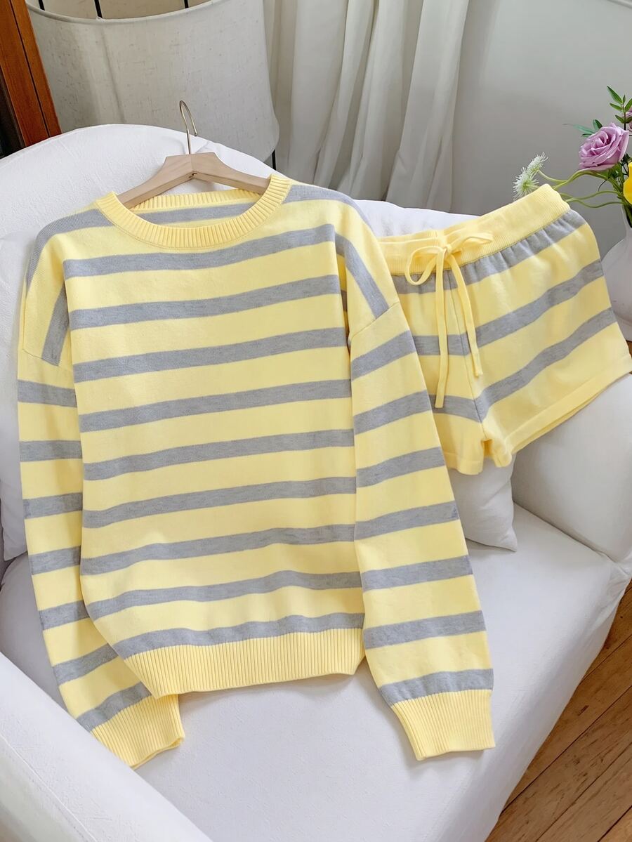 Comfortcana Women's New Autumn Striped Sweater 2 Pieces Set - Light Yellow - View 1