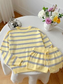 Comfortcana Women's New Autumn Striped Sweater 2 Pieces Set - Light Yellow - View 3