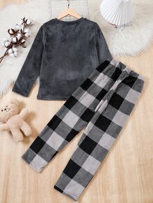 Genkimix Kids Tween Boy Color Block Checked Plush Long Sleeve Top And Pants Pajama Set With Pockets For Autumn And Winter - Grey - View 2