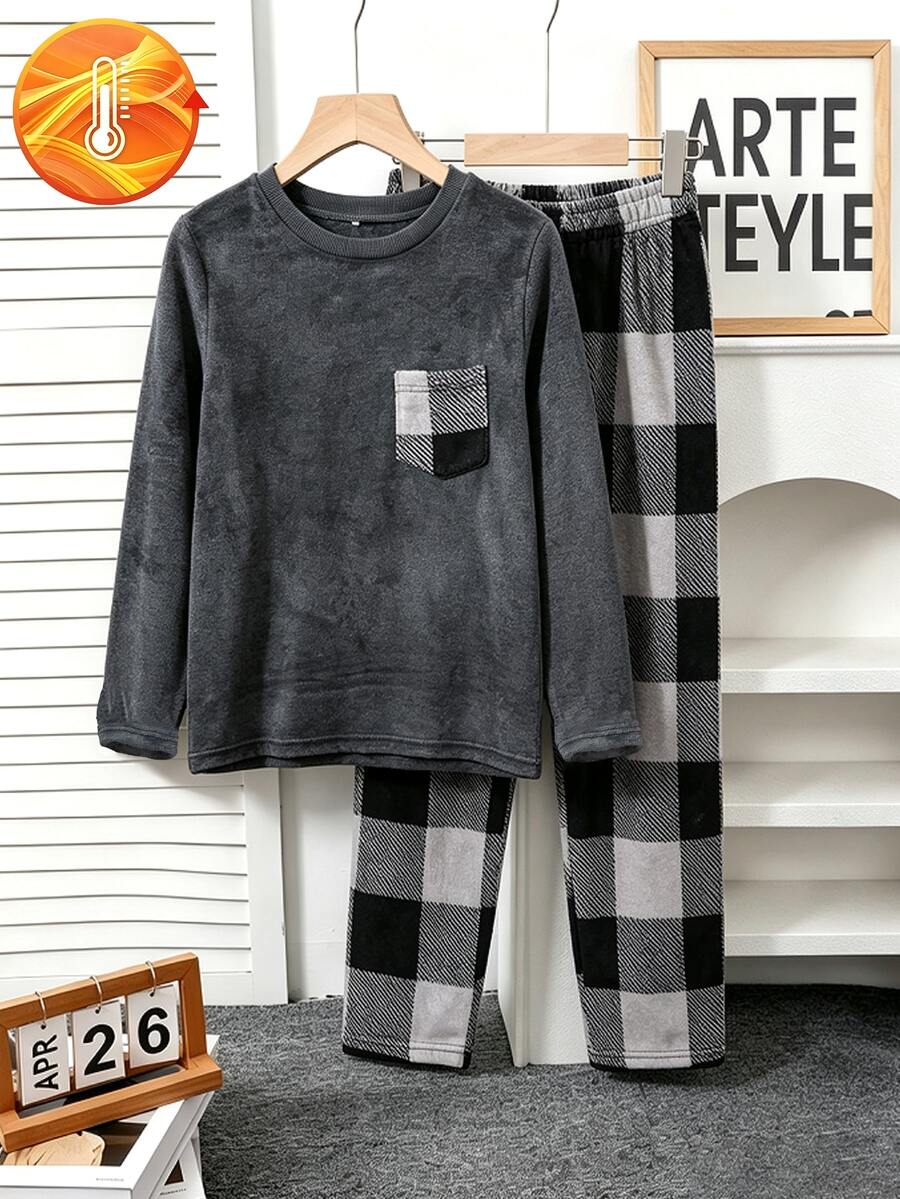 Genkimix Kids Tween Boy Color Block Checked Plush Long Sleeve Top And Pants Pajama Set With Pockets For Autumn And Winter - Grey - View 1