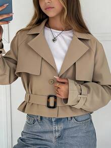 SHEIN 女童寬鬆休閒極簡舒適收腰優雅短版時尚外套，秋季/冬季開學季 - 杏色 - 查看 7