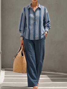 Omancia Women's Colorblock Striped Polo Neck Pullover Shirt & Loose Drapey Straight Leg Wide Leg Pants Minimalist Commuter 2 Pieces Set - Blue - View 1