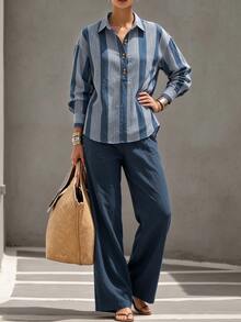 Omancia Women's Colorblock Striped Polo Neck Pullover Shirt & Loose Drapey Straight Leg Wide Leg Pants Minimalist Commuter 2 Pieces Set - Blue - View 5