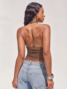 Denimoi Women's Solid Color Pleated Fitted Versatile Daily Wear Halter Top - Khaki - View 5