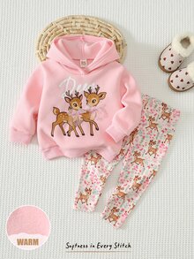 Cozy Pixies 女嬰卡通動物圖案針織柔軟圓領長袖套頭衛衣與彈性腰長褲 2 件套 秋冬款 - 粉色 - 查看 6