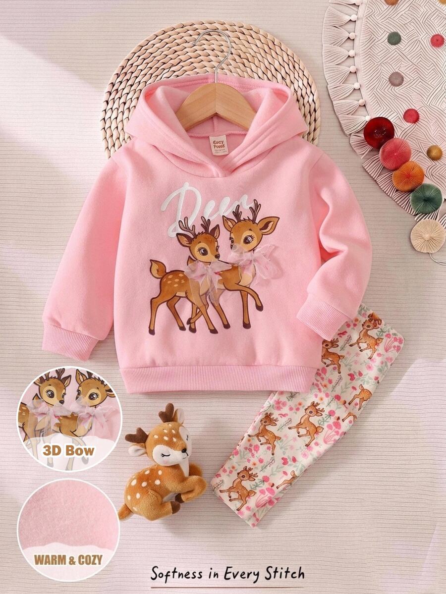 Cozy Pixies 女嬰卡通動物圖案針織柔軟圓領長袖套頭衛衣與彈性腰長褲 2 件套 秋冬款 - 粉色 - 查看 1