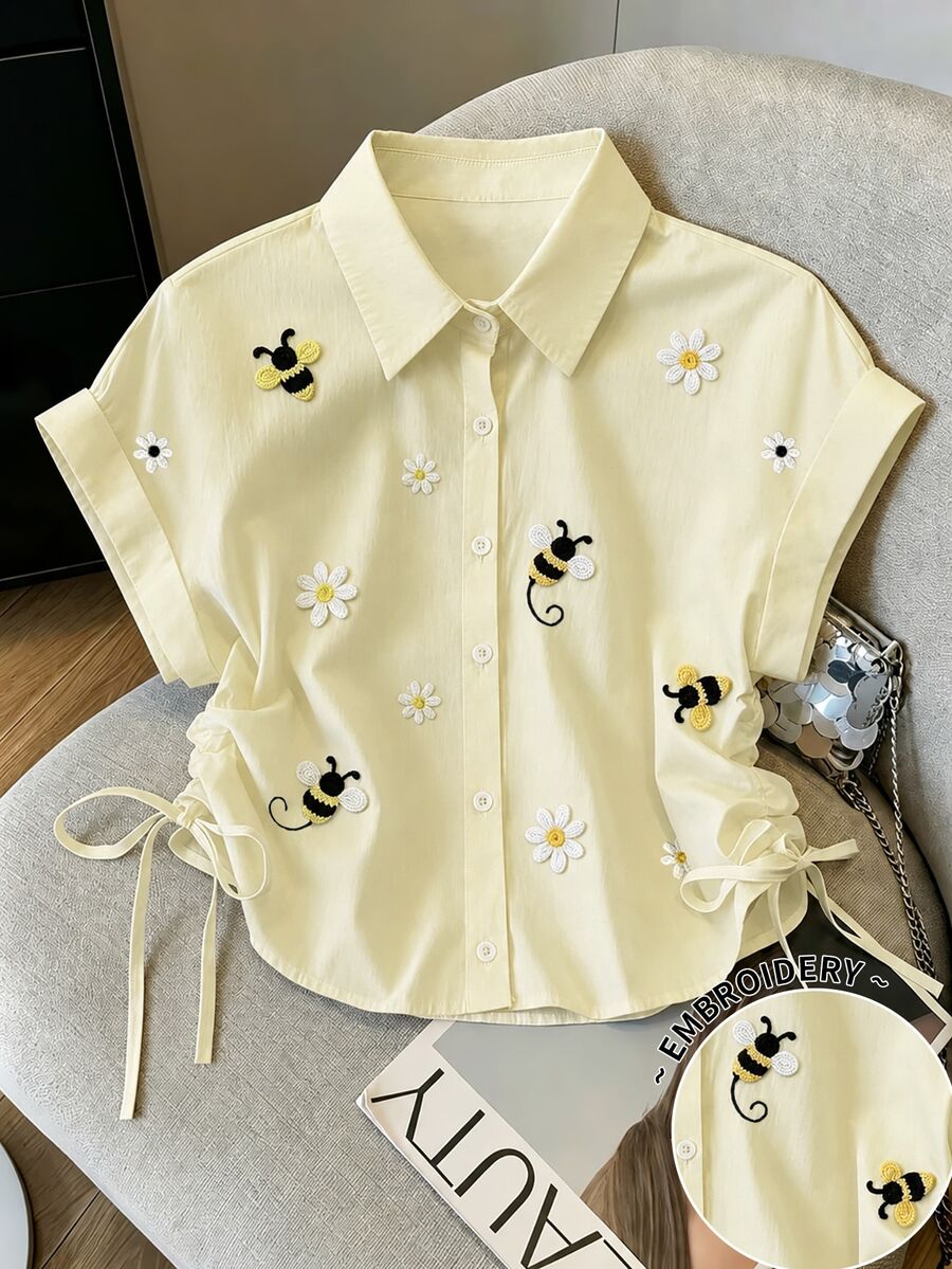 Resyla 女款時尚刺繡抽繩繫帶單排扣襯衫 - 白色 - 查看 1