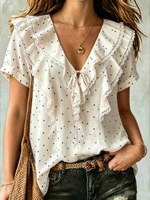 SHEIN LUNE CURVE New Large-Sized Woven Polka Dot Blouse, Elegant And Simple Style, Fashionable Summer Women's Shirt, Work Shirt - Apricot - View 1