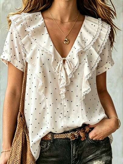 SHEIN LUNE CURVE New Large-Sized Woven Polka Dot Blouse, Elegant And Simple Style, Fashionable Summer Women's Shirt, Work Shirt