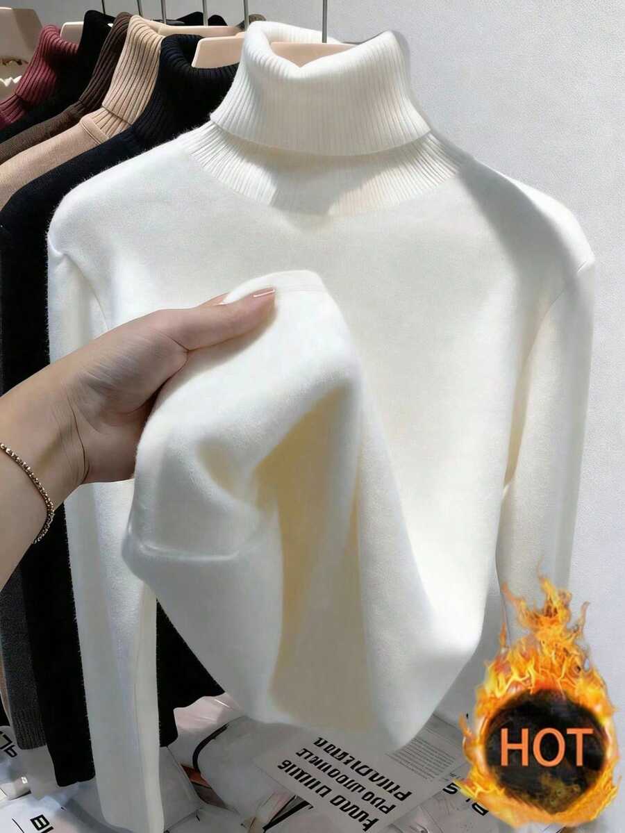 少女秋/冬季加厚保暖休閒百搭日常居家穿著層搭高領羅紋抓絨布料純色長袖T恤 - 白色 - 查看 1