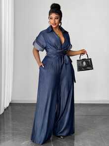 Maweii Plus Size Women Wrap-Around Wide Leg Jumpsuit - Navy Blue - View 6