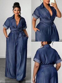Maweii Plus Size Women Wrap-Around Wide Leg Jumpsuit - Navy Blue - View 1