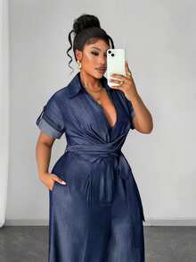 Maweii Plus Size Women Wrap-Around Wide Leg Jumpsuit - Navy Blue - View 2