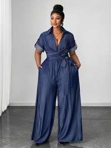 Maweii Plus Size Women Wrap-Around Wide Leg Jumpsuit - Navy Blue - View 5