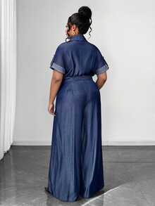 Maweii Plus Size Women Wrap-Around Wide Leg Jumpsuit - Navy Blue - View 4