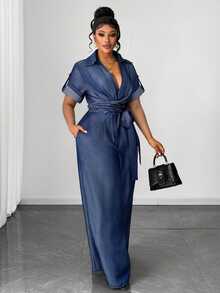 Maweii Plus Size Women Wrap-Around Wide Leg Jumpsuit - Navy Blue - View 3