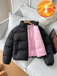 青少年女孩拼色極簡百搭日常街頭風厚外套 秋冬穿搭 - 藏蓝色 - 查看 5