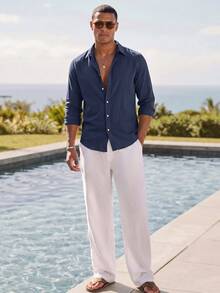 HIMLAND Men's Solid Color Casual Versatile Daily Long Sleeve Shirt - Blue - View 3