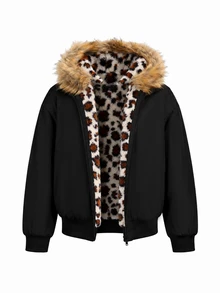 SHEIN Tween Girl Fuzzy Trim Kids Hooded Winter Coat - Multicolor - View 12