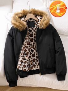 SHEIN Tween Girl Fuzzy Trim Kids Hooded Winter Coat - Multicolor - View 1