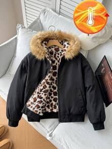 SHEIN Tween Girl Fuzzy Trim Kids Hooded Winter Coat - Multicolor - View 13