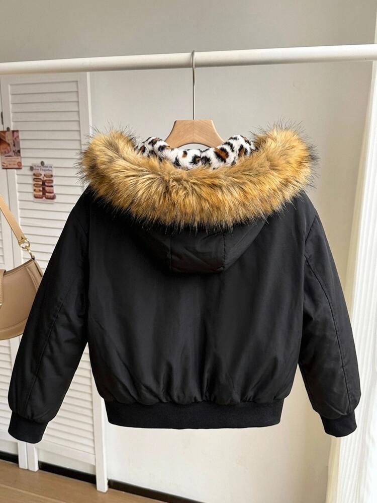 SHEIN 少女毛絨飾邊兒童連帽冬季外套 - 彩色 - 查看 4
