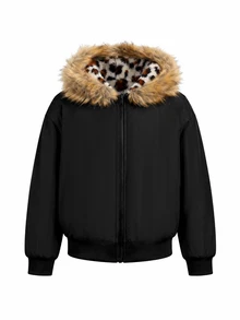 SHEIN Tween Girl Fuzzy Trim Kids Hooded Winter Coat - Multicolor - View 8