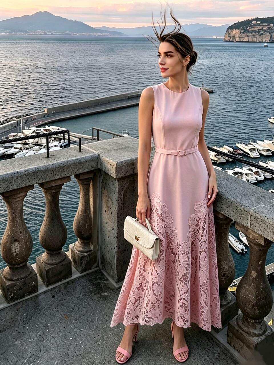 Anewsta Summer Pink Lace Patchwork Dress With Elegant Belt, Fashionable Modern Light Formal Work Outfit For Women