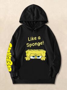 SpongeBob SquarePants | SHEIN Plus Size Casual Cartoon & Letter Graphic Hooded Sweatshirt, Autumn Fall - Black - View 1