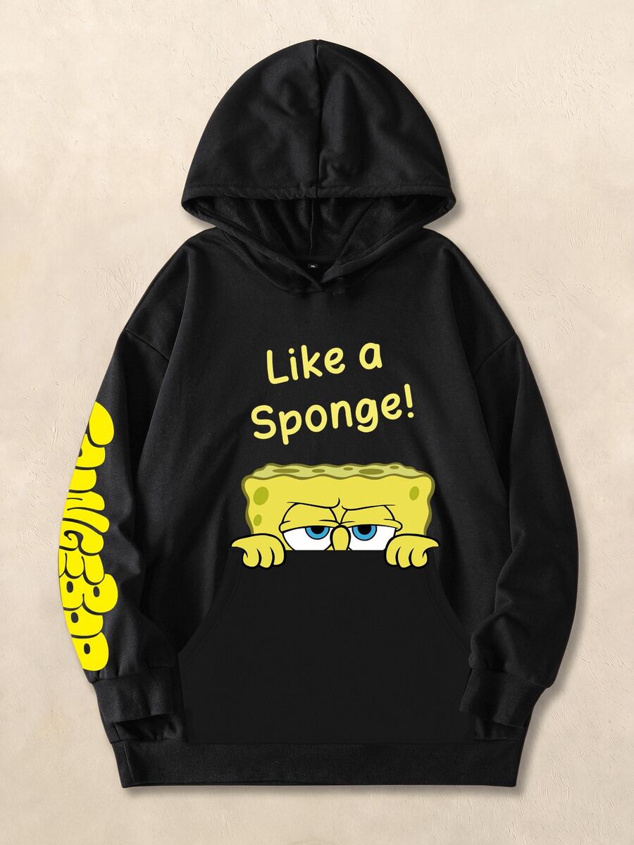 SpongeBob SquarePants | SHEIN Plus Size Casual Cartoon & Letter Graphic Hooded Sweatshirt, Autumn Fall - Black - View 1