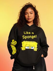 SpongeBob SquarePants | SHEIN Plus Size Casual Cartoon & Letter Graphic Hooded Sweatshirt, Autumn Fall - Black - View 4