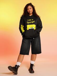 SpongeBob SquarePants | SHEIN Plus Size Casual Cartoon & Letter Graphic Hooded Sweatshirt, Autumn Fall - Black - View 3