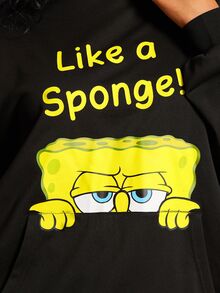SpongeBob SquarePants | SHEIN Plus Size Casual Cartoon & Letter Graphic Hooded Sweatshirt, Autumn Fall - Black - View 6