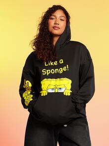 SpongeBob SquarePants | SHEIN Plus Size Casual Cartoon & Letter Graphic Hooded Sweatshirt, Autumn Fall - Black - View 5